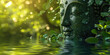buddha face with crystal flowers, nature green background, water reflection