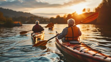 Senior couple kayaking on the lake together at sunset