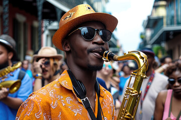 Festival de Jazz en Nueva Orleans: Escena de músicos y desfile en las calle