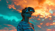 A young person playing games in virtual reality, metaverse, lost in virtual reality, augmented reality ar, vr,