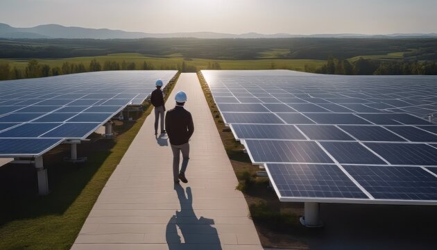 View on the rooftop solar power plant with back view of two engineers walking