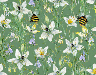 Floral summer seamless pattern with wildflowers, white bellflowers and bumblebees. Botanical wallpaper, illustrated meadow, light green background for fabric design, wallpapers, paper, dresses