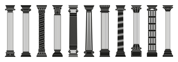 black antique columns. ancient roman doric columns with carved decorative elements, old greek archit