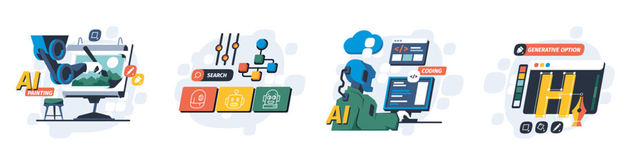 Ai generative fill. Abstract machine learning art, digital painting automation concept with chatbot ans AI prompt. Vector illustration. Robot coding on computer, creative drawing process