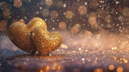 Valentines day heart made of golden glitter bokeh dark background shiny bright gold photography