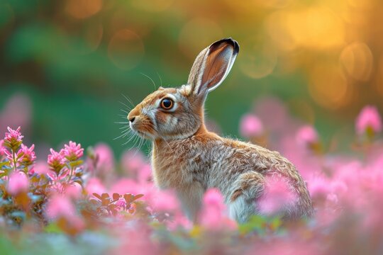 A brown hare sits alert amidst pink wildflowers with its large ears erect blending into the forest underbrush at dusk