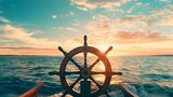 ship wheel on boat with sea and sky. freedom and adventure. direction concept