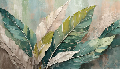 large art painted leaves on a textured wall, in pastel colors, photo wallpaper for the interior