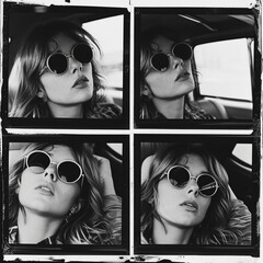 Wall Mural - Retro Elegance: Muted B&W Photostrip of a 1970s French Model in a Vintage Car Photobooth, Capturing Timeless Style in Four Panels