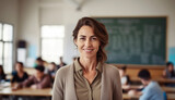 Fototapeta  - Woman teacher portrait indoor, smiling middle age woman with arms crossed looking at camera. College teacher at class