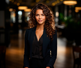 Wall Mural - portrait of a young latina woman with curly hair, positive expression, in a black suit, businesswoman in her office 