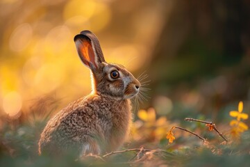 Wall Mural - A vigilant brown hare with piercing eyes is captured in a serene forest setting bathed in the soft glow of natural light filtering through the trees