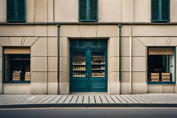 old french village facade , charming beige boutique storefront 