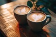 Two mugs of steaming coffee with heart-shaped latte art capturing the simple and delightful moments shared by a couple on a cozy Valentine's morning