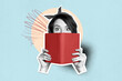 © deagreez - Collage creative poster image monochrome effect shocked surprised young woman read book hold literature doodle exclusive sketch