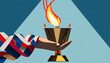 Torch, Flame. A hand from the Olympic ribbons holds the Cup with a torch on a blue background in a geometric triangle of XXIII style Winter games