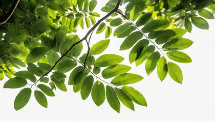 Wall Mural - tree branch with green lush foliage in sunshine isolated on white background, natural texture overlay decoration of natural leaves