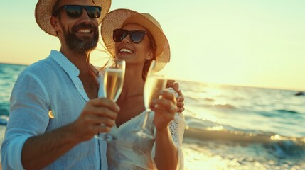 a couple in love drinks champagne by the sea. honeymoon trip. lovers on the beach. wedding travel. c