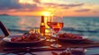 Summer love. Romantic sunset dinner on the beach. Table honeymoon set for two with luxurious food, glasses of rose wine drinks in a restaurant with sea view. Happy valentines day.