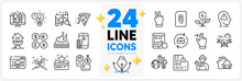 Icons Set Of Contactless Payment, Victory Hand And Mattress Line Icons Pack For App With Food Delivery, Search Map, Card Thin Outline Icon. Internet Report, Home Grill, Payment Pictogram. Vector