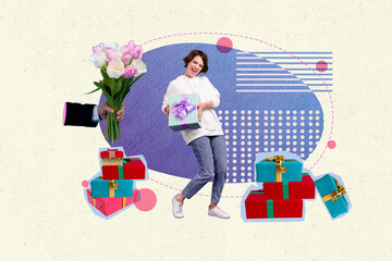 Poster - Illustration collage young happy girl receiving birthday xmas presents flowers giftboxes packages festive event holiday celebrating