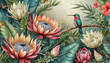 Vintage tropical background with protea, hibiscus flowers, leaves, hummingbirds, butterflies. Seamless border. premium wallpaper. Hand drawn, 3d illustration. Luxury mural for paper, packaging, cloth