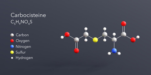 Wall Mural - carbocisteine molecule 3d rendering, flat molecular structure with chemical formula and atoms color coding