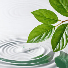 Wall Mural - Water ripple with green leaves. Trendy white background for cosmetic product presentation. Artistic concept. Copy space
