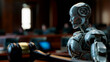 Robot as judge in courtroom, concept of AI in legislation.

