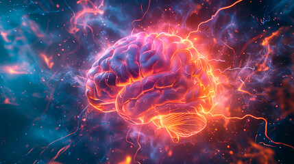 Wall Mural - Fiery brain amidst clouds, concept of brainstorming and intelligence.
