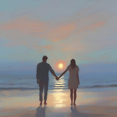 Wall Mural - Couple holding hands on the beach at sunset. Pastel colors in impressionist style.