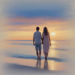 Couple holding hands on the beach at sunset. Pastel colors in impressionist style.