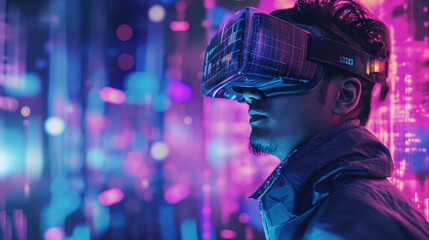 Poster - Surprised teen man use vr glasses with digital light background. Virtual gadgets for entertainment, work, free time and study. Virtual reality metaverse technology concept.