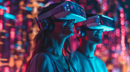 Wall Mural - Surprised teen man and woman use vr glasses with digital light background. Virtual gadgets for entertainment, work, free time and study. Virtual reality metaverse technology concept.