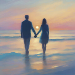 Wall Mural - Couple holding hands on the beach at sunset. Pastel colors in impressionist style.