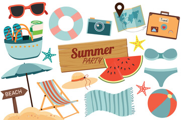 Cute Summer Stickers Set . Set of tropical summer stickers. Seasonal elements collection. Summer set of  elements: swimsuit, sunglasses, sun lounger with umbrella, swimming circle, fruit, ice cream