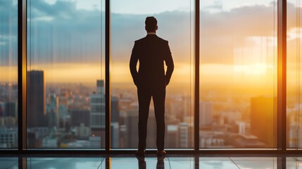 Backview. Silhouette of a successful young businessman in a suit looking at a window,