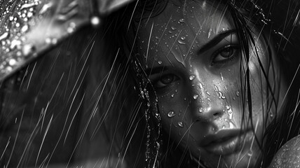 Wall Mural - AI-generated illustration of a black-and-white portrait of a beautiful woman in the rain