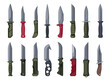 © Frogella.stock - Survival knives. Cartoon hunting blade tools for camping and hiking, self defense combat utility equipment, wilderness picnic sawing. Vector flat set of knife hunting equipment illustration