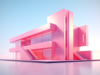 Wall Mural - 3D render of a modern minimal building in pink and violet colors.
