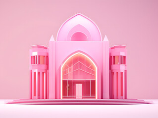 Wall Mural - 3D render of a modern minimal building in pink and violet colors.