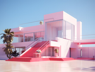 Wall Mural - 3D render of a modern minimal building in pink and violet colors.
