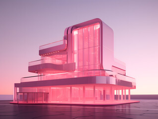 Wall Mural - 3D render of a modern minimal building in pink and violet colors.