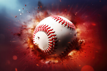 Wall Mural - Baseball ball with explosion in red background. 3D illustration.