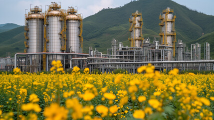 Wall Mural - Field of Yellow Flowers Next to Large Factory