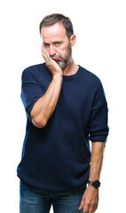 Sticker - Middle age hoary senior man over isolated background thinking looking tired and bored with depression problems with crossed arms.