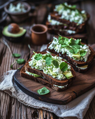 Wall Mural - Sandwich with black rye bread, cottage cheese and avocado mousse