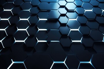 Wall Mural - Abstract black futuristic hexagon pattern honeycomb surface blue backlight