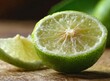 Green lime isolated on wooden table closeup photography