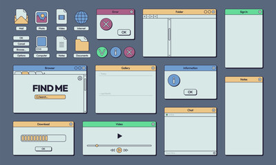 Retro interface. 80s 90s computer and internet user interface elements, trendy frames and buttons. Vector post and call notification interface of computer 90s and 80s interface window illustration